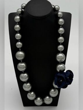 ABS Allen Schwartz Gray Faux Pearl Statement Necklace Blue Flower Accent 26"